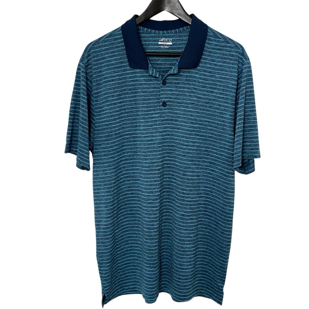BCG Men's Striped‎ Golf Polo Shirt, Short Sleeve, 3-Button Placket Blue and Teal